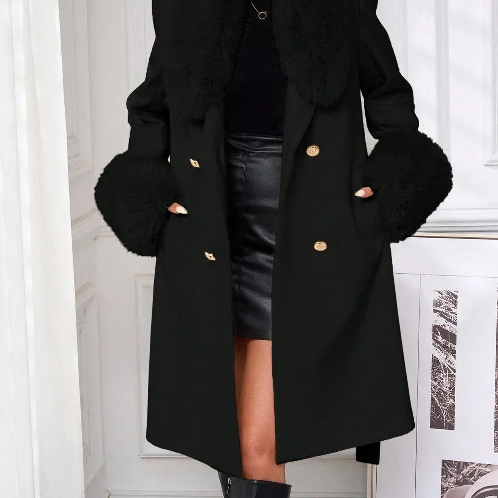 Black Elegant Women's Double-Breasted Belted Faux Fur Trimmed Wool Coat - Picture 4 of 7
